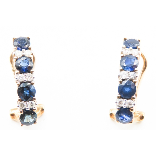 227 - Pair of Four Stone Sapphire and Diamond Set Ladies Earrings Mounted in 9 Carat Yellow Gold 1.5cm Hig... 