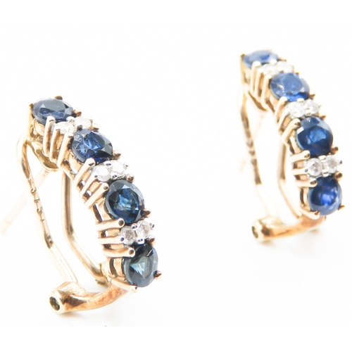 227 - Pair of Four Stone Sapphire and Diamond Set Ladies Earrings Mounted in 9 Carat Yellow Gold 1.5cm Hig... 