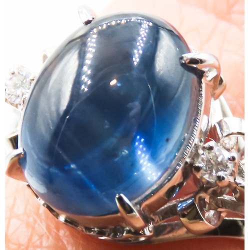 231 - Polished Star Sapphire Basket Set Ring Further Diamond Insets to Shoulders Mounted in Platinum Attra... 