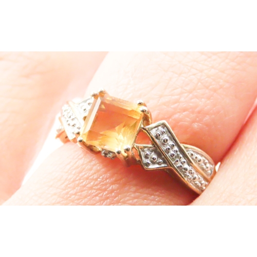 242 - Square Cut Citrine Single Stone Ring Crossover Motif Band Mounted in 9 Carat Yellow Gold Ring Size N