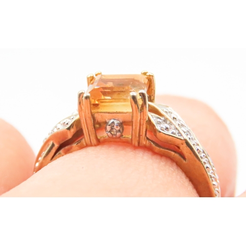 242 - Square Cut Citrine Single Stone Ring Crossover Motif Band Mounted in 9 Carat Yellow Gold Ring Size N