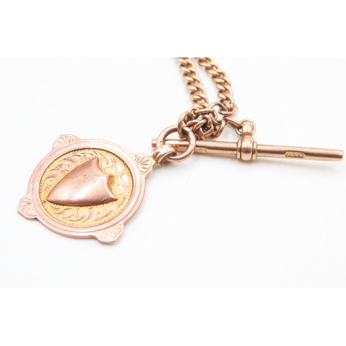 243 - 9 Carat Rose Gold T-Bar Pocket Watch Chain with Shield Motif Pendant 36cm Long