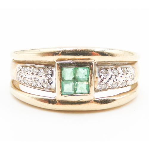 245 - Four Stone Emerald Bezel Set Ring with Diamond Insets to Shoulders Mounted in 9 Carat Yellow Gold Ri... 