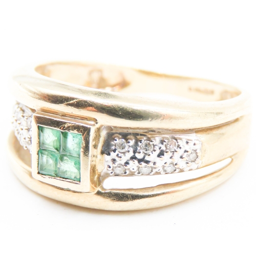 245 - Four Stone Emerald Bezel Set Ring with Diamond Insets to Shoulders Mounted in 9 Carat Yellow Gold Ri... 