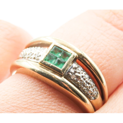 245 - Four Stone Emerald Bezel Set Ring with Diamond Insets to Shoulders Mounted in 9 Carat Yellow Gold Ri... 