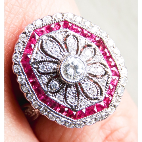 257 - Diamond and Ruby Set Cluster Ring Floral Motif Further Diamonds Set to Shoulders Mounted in 18 Carat... 