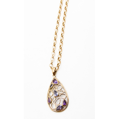 260 - Pear Cut Amethyst and Pale Tanzanite Set Drop Pendant Mounted in 9 Carat Yellow Gold 3cm High Set on... 