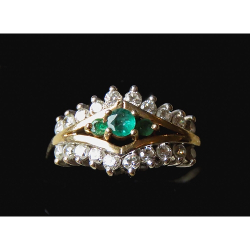 276 - Emerald Three Stone Ring Set with Gemstone Cluster Surround Mounted in 9 Carat Yellow Gold Ring Size... 