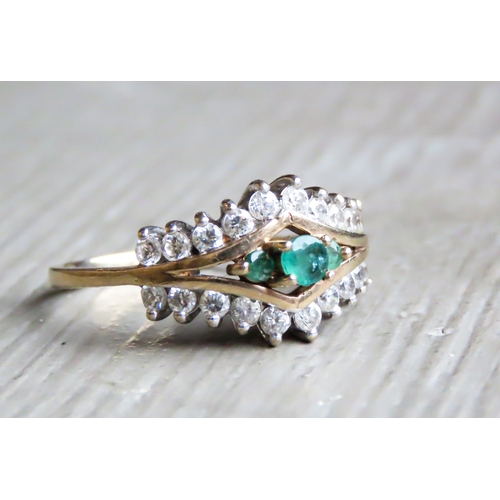 276 - Emerald Three Stone Ring Set with Gemstone Cluster Surround Mounted in 9 Carat Yellow Gold Ring Size... 