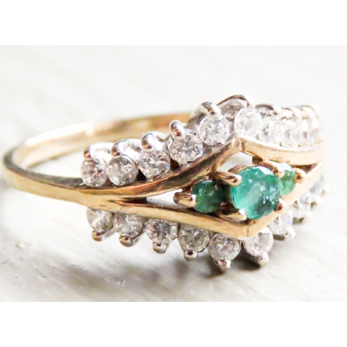 276 - Emerald Three Stone Ring Set with Gemstone Cluster Surround Mounted in 9 Carat Yellow Gold Ring Size... 