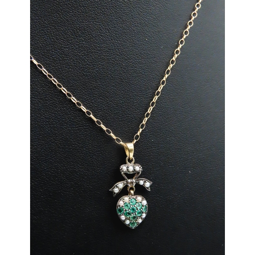 280 - Emerald, Seed Pearl and Diamond Set Heart and Bow Motif Gold on Silver Pendant 2cm High Set on 9 Car... 