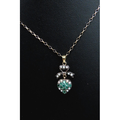 280 - Emerald, Seed Pearl and Diamond Set Heart and Bow Motif Gold on Silver Pendant 2cm High Set on 9 Car... 