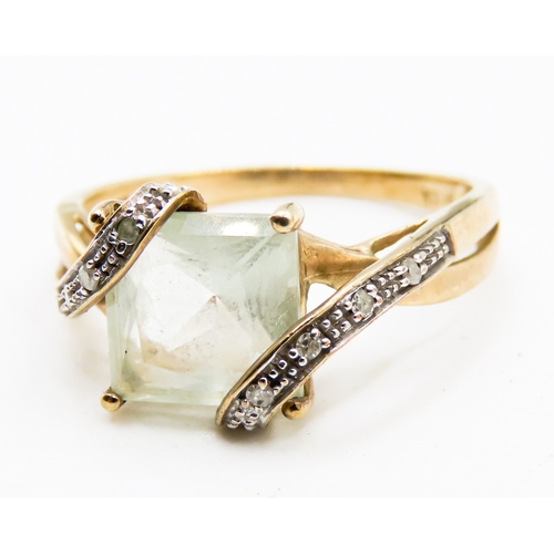 285 - Square Cut Green Amethyst Set Ring Attractively Detailed Diamonds Set to Shoulders Mounted in 9 Cara... 