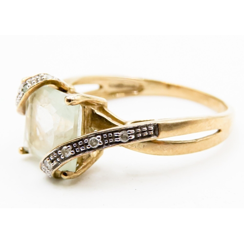 285 - Square Cut Green Amethyst Set Ring Attractively Detailed Diamonds Set to Shoulders Mounted in 9 Cara... 