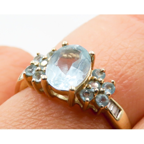 290 - Aquamarine Set Cluster Ring with Baguette Cut Diamonds Set to Shoulders Mounted in 9 Carat Yellow Go... 