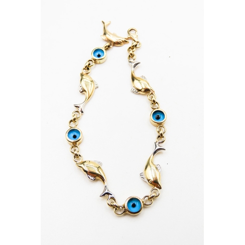 296 - 14 Carat Yellow Gold Dolphin Motif Evil Eye Set Bracelet 20cm Long