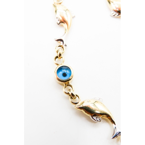 296 - 14 Carat Yellow Gold Dolphin Motif Evil Eye Set Bracelet 20cm Long