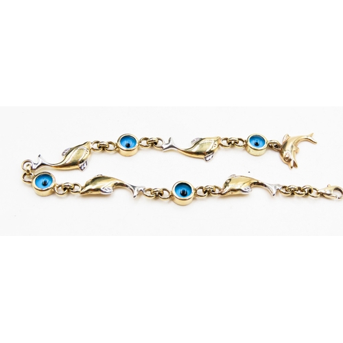 296 - 14 Carat Yellow Gold Dolphin Motif Evil Eye Set Bracelet 20cm Long