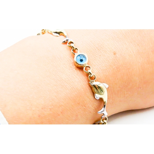 296 - 14 Carat Yellow Gold Dolphin Motif Evil Eye Set Bracelet 20cm Long