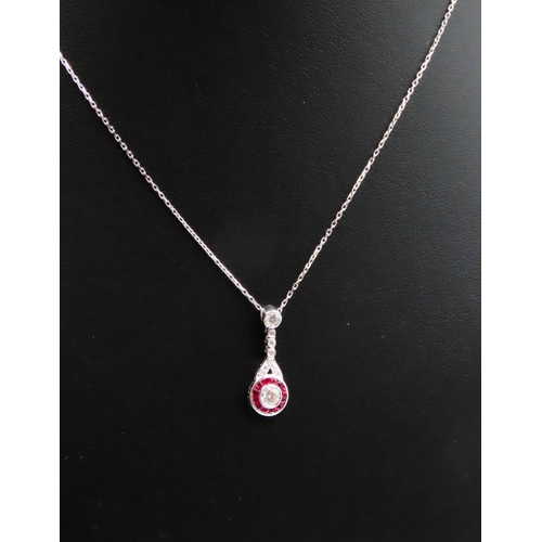 30 - Diamond Set Drop Pendant with French Cut Ruby Halo Mounted in 18 Carat White Gold Further Set on 18 ... 