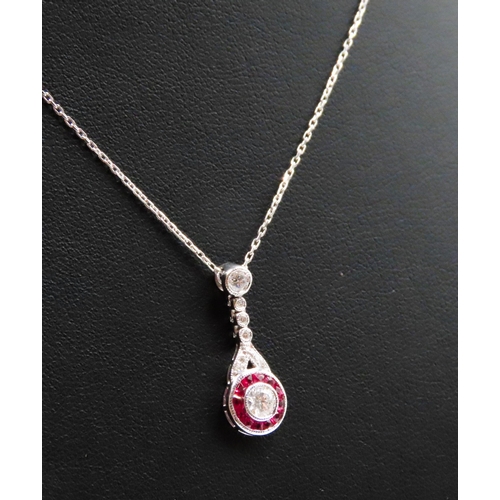 30 - Diamond Set Drop Pendant with French Cut Ruby Halo Mounted in 18 Carat White Gold Further Set on 18 ... 