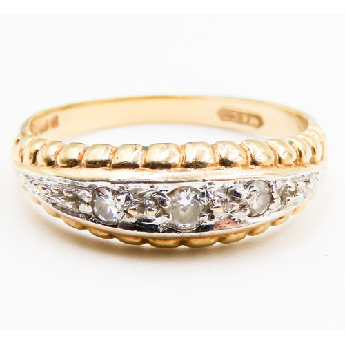 309 - Diamond Three Stone Ring Finely Detailed Set in 9 Carat Yellow Gold Ring Size Q and a Half