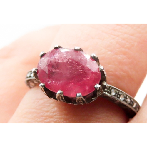 324 - Unusual Form Ruby Single Stone Ring with Diamonds to Setting and Band Mounted in 9 Carat Yellow Gold... 