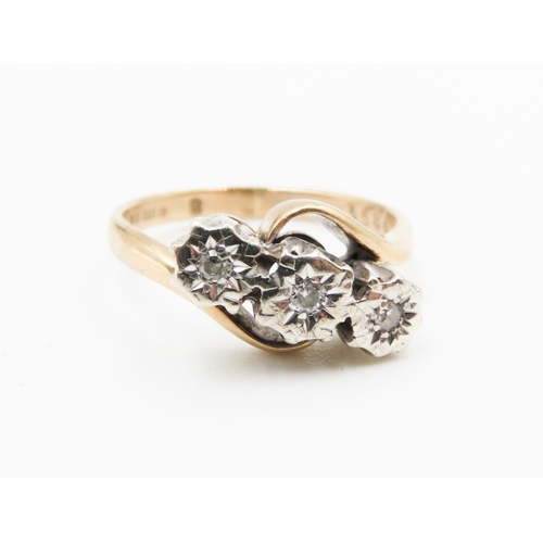 332 - Diamond Three Stone Rub Over Setting Ring Mounted in 9 Carat Yellow Gold Ring Size L and a Half