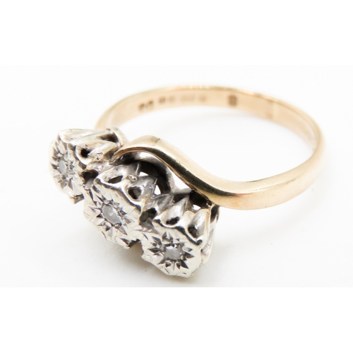 332 - Diamond Three Stone Rub Over Setting Ring Mounted in 9 Carat Yellow Gold Ring Size L and a Half