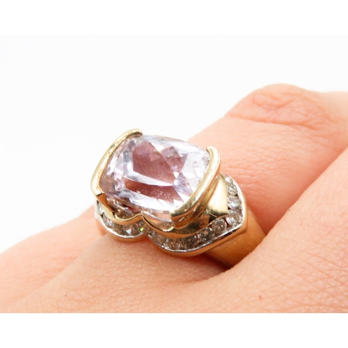 339 - Half Bezel Set Kunzite Ring with Finely Detailed Diamond Surround Set in 9 Carat Yellow Gold Ring Si... 