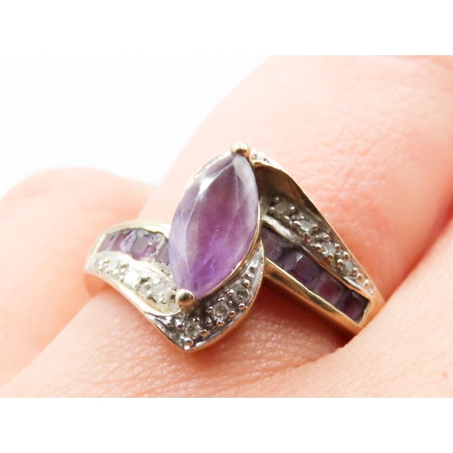 341 - Marquise Cut Amethyst Centre Stone Ring Swirl Motif Further Set with Diamonds and Amethyst Mounted i... 