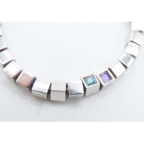 346 - Mont Blanc Cube Link Silver Necklace with Amethyst and Blue Topaz Inset 44cm Long with Original Mont... 