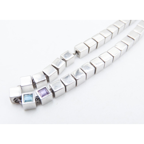 346 - Mont Blanc Cube Link Silver Necklace with Amethyst and Blue Topaz Inset 44cm Long with Original Mont... 