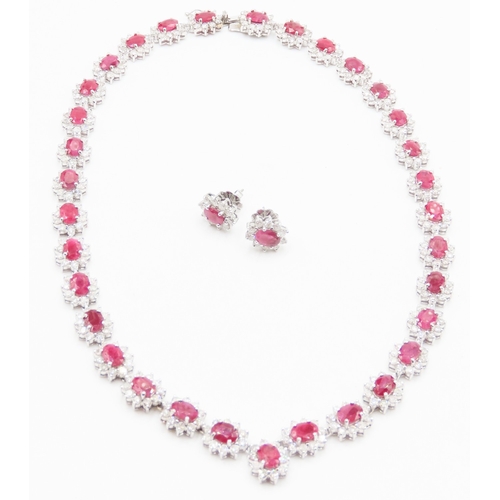 354 - Finely Detailed Ruby and Diamond Cluster Set Necklace Mounted in 14 Carat White Gold 42cm Long with ... 