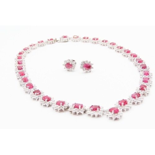 354 - Finely Detailed Ruby and Diamond Cluster Set Necklace Mounted in 14 Carat White Gold 42cm Long with ... 