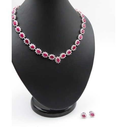 354 - Finely Detailed Ruby and Diamond Cluster Set Necklace Mounted in 14 Carat White Gold 42cm Long with ... 