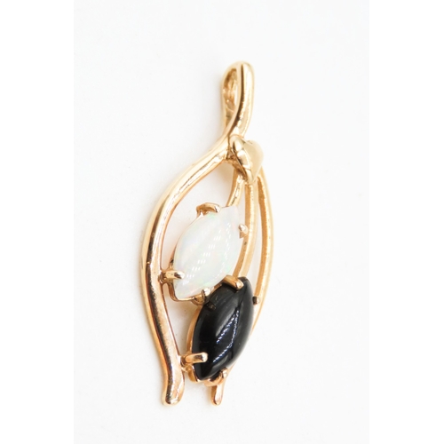 36 - Polished Marquise Cut Opal and Onyx Twin Stone Pendant Set in 14 Carat Yellow Gold 3cm High