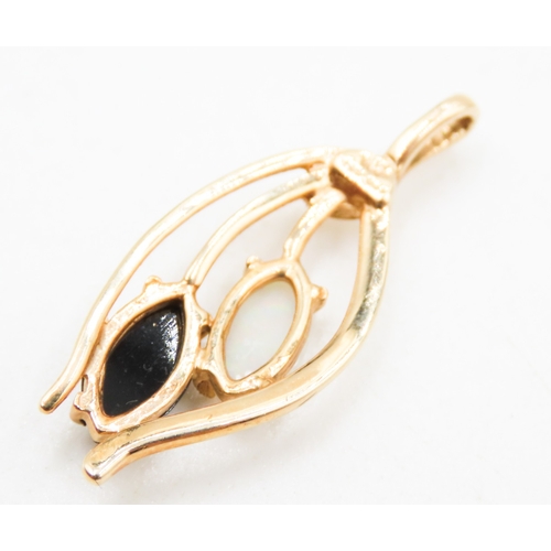 36 - Polished Marquise Cut Opal and Onyx Twin Stone Pendant Set in 14 Carat Yellow Gold 3cm High