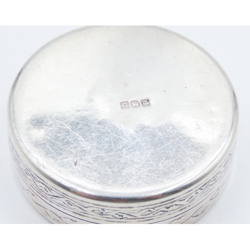 363 - Silver Circular Form Desk Box Incised Detailing 5cm Diameter