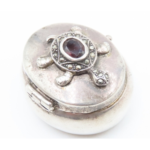 364 - Marcasite and Red Garnet Set Tortoise Motif Pill Box 4cm Wide