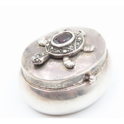 364 - Marcasite and Red Garnet Set Tortoise Motif Pill Box 4cm Wide