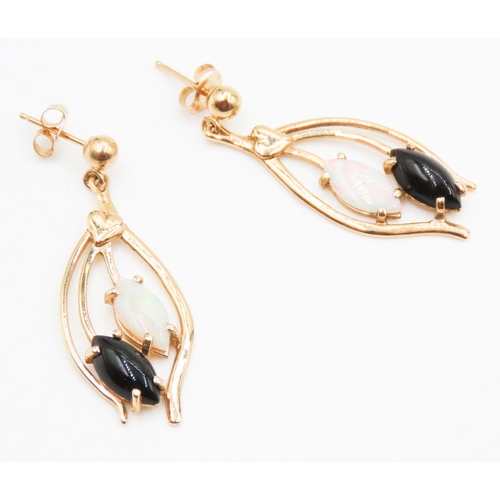 37 - Matching Pair of Polished Marquise Cut Opal and Onyx Twin Stone Set Earrings Mounted in 14 Carat Yel... 