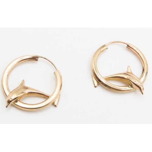 371 - Pair of 9 Carat Yellow Gold Dolphin Motif Hoop Earrings Each 2.5cm High