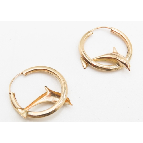 371 - Pair of 9 Carat Yellow Gold Dolphin Motif Hoop Earrings Each 2.5cm High