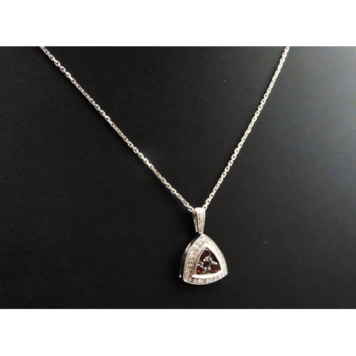 372 - Red Garnet and Diamond Set Triangle Form Pendant Mounted in 9 Carat White Gold 2cm Drop Further Set ... 