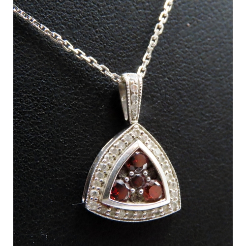 372 - Red Garnet and Diamond Set Triangle Form Pendant Mounted in 9 Carat White Gold 2cm Drop Further Set ... 