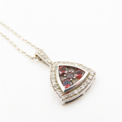 372 - Red Garnet and Diamond Set Triangle Form Pendant Mounted in 9 Carat White Gold 2cm Drop Further Set ... 