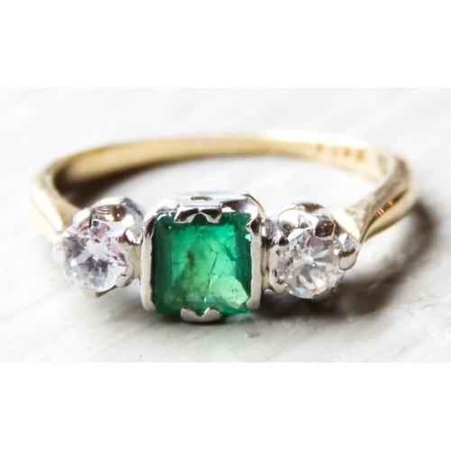 379 - Princess Cut Emerald and Round Cut Diamond Set Ladies Ring Mounted in 18 Carat Yellow Gold Ring Size... 