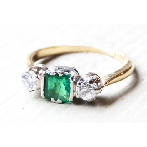 379 - Princess Cut Emerald and Round Cut Diamond Set Ladies Ring Mounted in 18 Carat Yellow Gold Ring Size... 