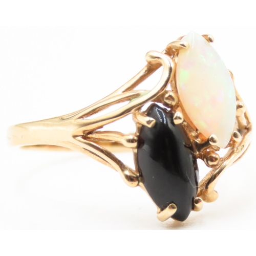 38 - Matching Polished Marquise Cut Opal and Onyx Twin Stone Set Ring Mounted in 14 Carat Yellow Gold Rin... 